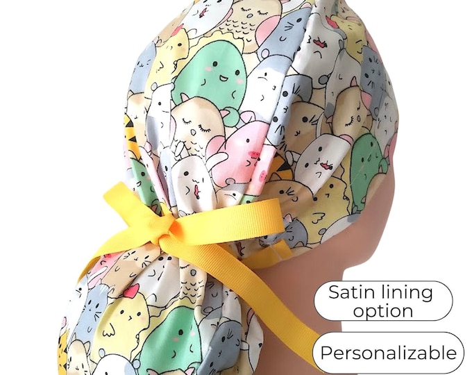 Easter Animal Farm Ponytail Scrub Cap: Satin-Lined Cotton Nurse Hat