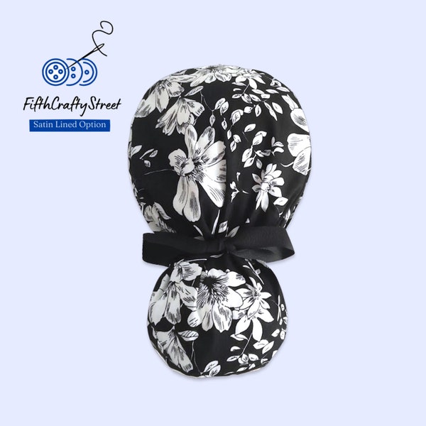 Floral Ponytail Scrub Cap for Women - Surgical Cap with Ponytail Holder - Satin Lining Option