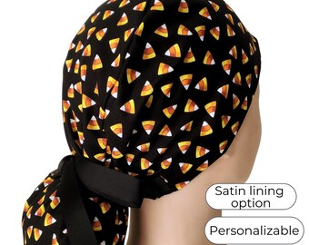 Scrub Cap Ponytail Style | Satin Lining & Personalization Option | Candy Corn