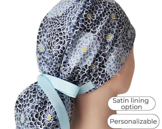 Personalized Scrub Cap Ponytail Style with Satin Lining Option: Dahlia Ball on Grey