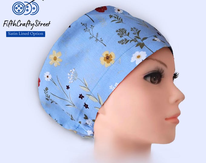 Euro Scrub Caps - Adjustable - Satin Lined option - Blue Floral - FifthCraftyStreet