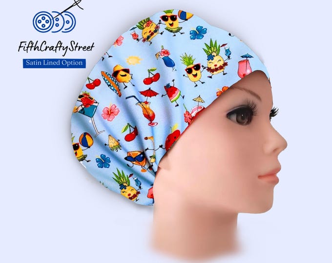 Tropical Fruits - Euro Scrub Cap for Women - Adjustable - Satin Lining option