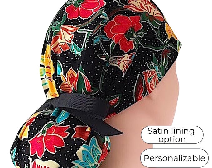Satin Lined Ponytail Scrub Cap: Cotton Surgical Hat with Ribbons