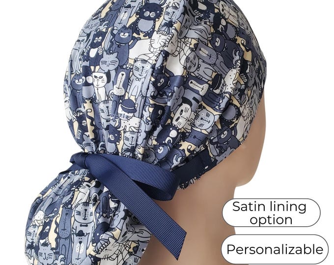 Cat Print Ponytail Scrub Cap - Satin Lined, Fits Long Hair