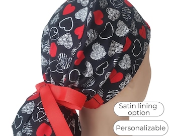 Sweethearts - Ponytail Scrub Cap for Women - Surgical Cap Satin Lined Option