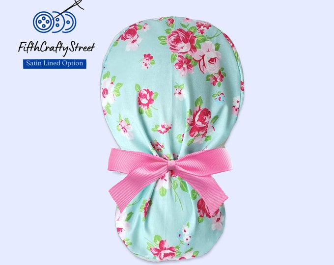 Ponytail Scrub Cap for Women - Surgical Cap - Silky Satin Lining Option - Floral - FifthCraftyStreet