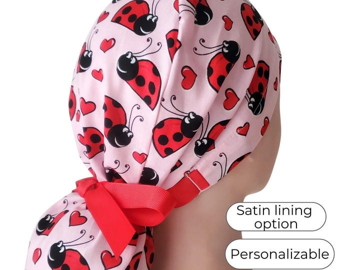 Ladybug Ponytail Scrub Cap Satin Lined Surgical Hat