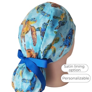 Ponytail Scrub Cap: Satin Lined option Sea Turtle