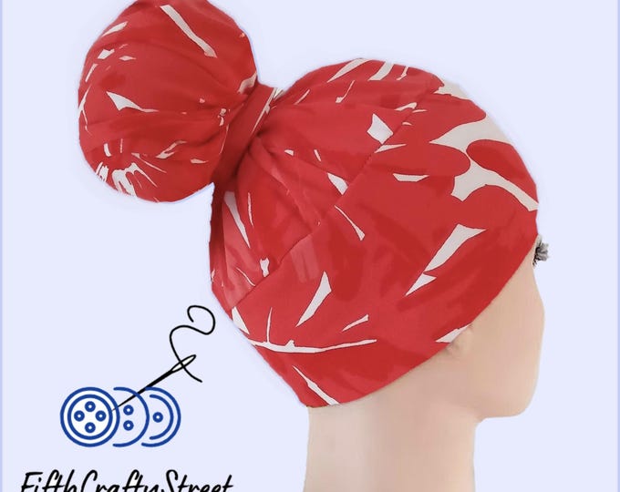 High Bun Scrub Cap Red, Stretchy Knit Hats, ready to ship US - FifthCraftyStreet