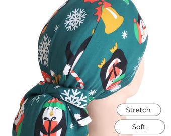 Stretch Ponytail Scrub Cap: Teal Christmas Penguin Print, Adjustable Hair Cover