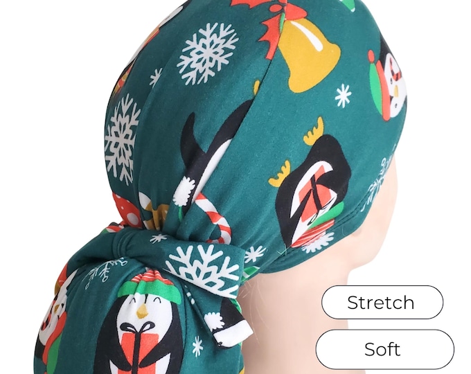 Stretch Ponytail Scrub Cap: Teal Christmas Penguin Print, Adjustable Hair Cover