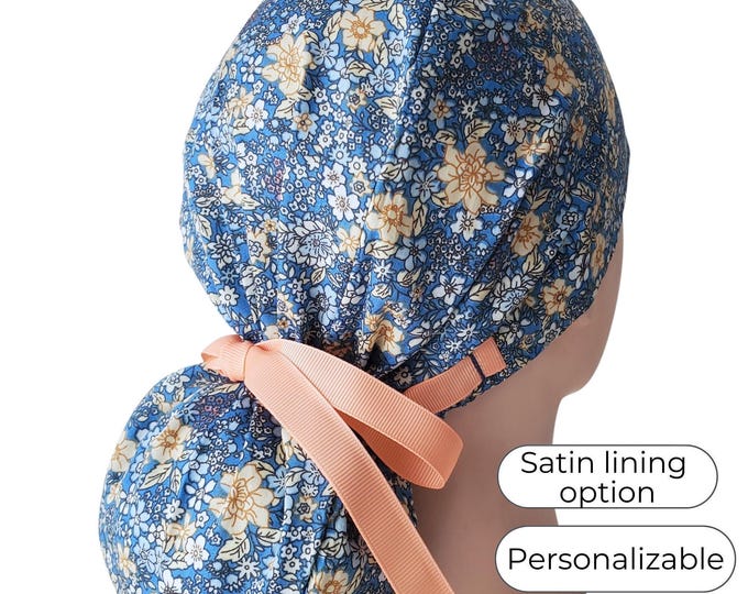 Ponytail Scrub Cap Floral - Surgical Cap - Satin Lined - Personalization option