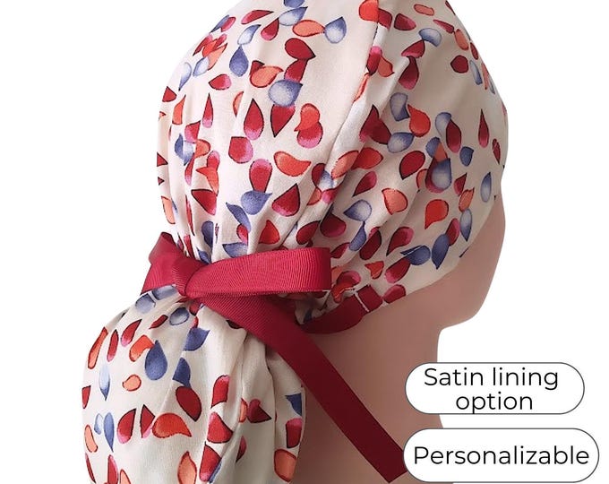 Ponytail Scrub Cap for Women - Cherry Petals Surgical Cap with Satin Lining Option