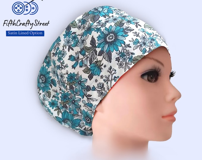 Euro Scrub Caps - Adjustable - Satin Lined option - Multicolor Floral Turquise - FifthCraftyStreet