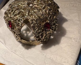 Vintage Jeweled Filigree Perfume Bottle Topper - Gold Ormolu Dauber Cap - Red Stones