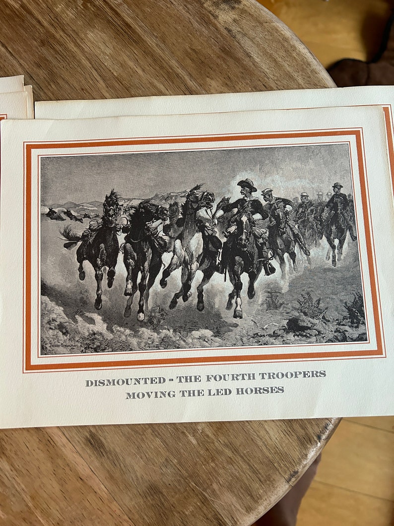 May include: A black and white illustration of soldiers on horseback, with the text "DISMOUNTED - THE FOURTH TROOPERS MOVING THE LED HORSES".