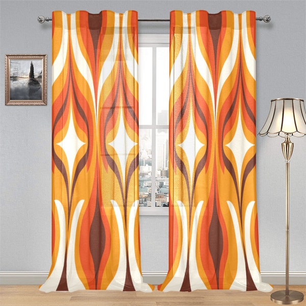 Ensemble de deux rideaux transparents à motif diamant rétro moderne orange, crème et nœud du milieu du siècle.