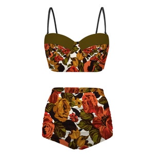 Retro 50s large autumn tone floral in deep green orange khaki high waist biknin with built in bra and removable straps