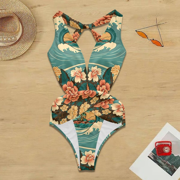 Deep V Neck Zip Long Sleeve High Waist Floral Split Bikini Swimsuit