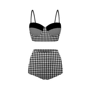 60s style houndstooth black and white with black trim classy high waist bikini with built in bra removable straps