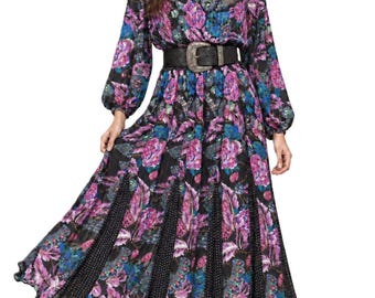 Vintage Diane Freise Original 1980s Floral Jewel Print Pleated Midi Dress