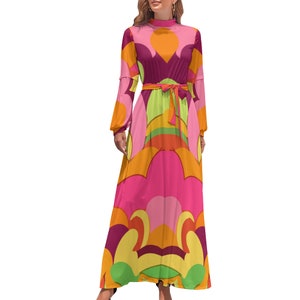 Retro 60s psychedelic pink orange lime vintage style   | Turtle neck bell sleeve maxi dress