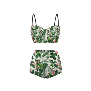 Bright tropical palm parrots print with pink high waist bikini with built in bra and removable straps
