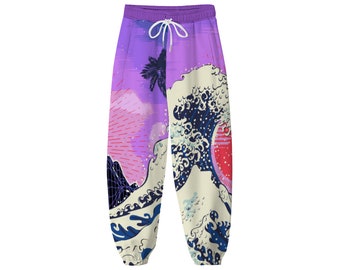 Japanese waves art pink purple retro 90s unisex long baggy jogger pants