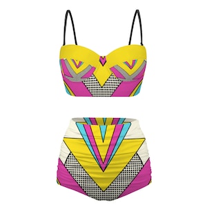 Fluorescent pink yellow blue diamonds super hero pattern    | High Waist Bikini Two Piece Swimsuit