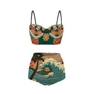 Hawaii hibiscus floral high waist bikini with removable straps built in bra teal beach waves