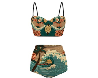 Hawaii hibiscus floral high waist bikini with removable straps built in bra teal beach waves