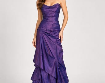 Vintage Purple Raw Silk Strapless Evening Gown with Lace-Up Corset Back