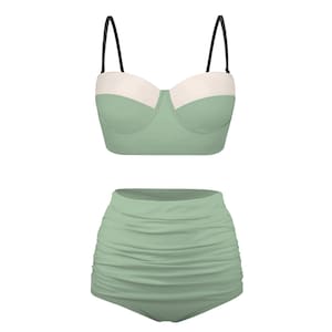 Classy 40s style soft sage green with cream trim removable straps   | High Waist Bikini Two Piece Swimsuit