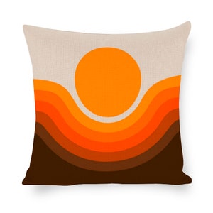 Retro abstract sun Mid century modern orange brown white Linen weave throw cushion cover