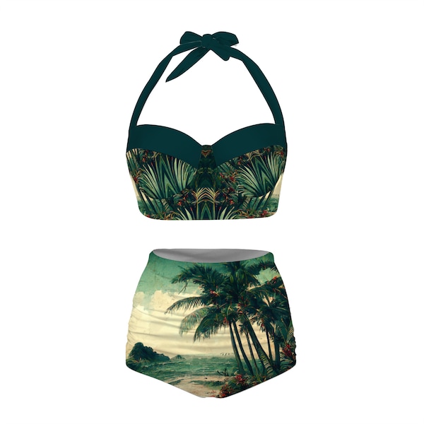 Tropical island green teal beach palms , Halter neck Bikini, Retro Swimsuit,  Mod, Vintage Style bikini, High Waist Bikini