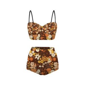 Vintage autumn tones floral 70s print  | High Waist Bikini Two Piece Swimsuit