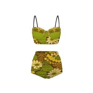 Vintage floral mid century modern autumn brown green yellow   | High Waist Bikini Two Piece Swimsuit