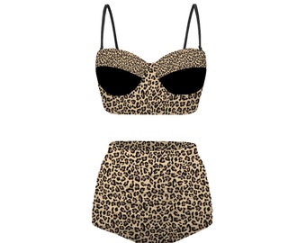 Rockabilly chick small animal print in beige and black high waist bikini with built in bra and removable straps