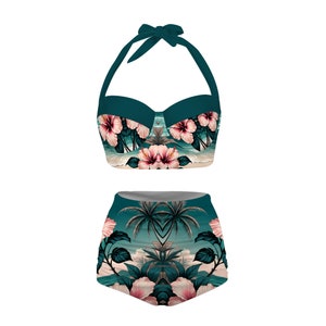 Teal and pink floral hibiscus halterneck high waist bikini with clip up back, Retro Swimsuit,  Mod Vintage Style