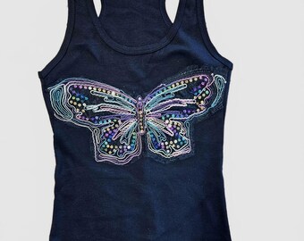 Mädchen Göttin Vintage Mädchen Göttin Y2K Schmetterling Pailletten Tank Top - Größe Small