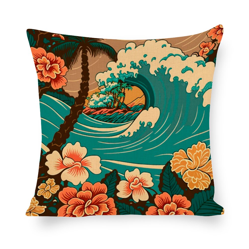 Vintage Style Hawaii Waves Island Tropical Teal Hibiscus Floral