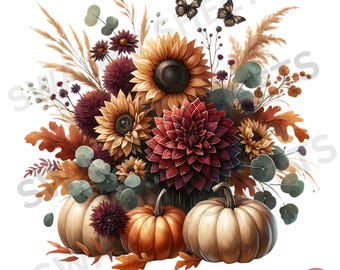 Burgundy Autumn Wildflowers PNG: Watercolor Floral Clip Art (Digital Download)