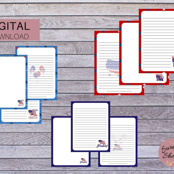 Patriotic Printable Stationary Paper Set US Letter Size PDF-Instant Download-Digital Stationary-4th of July Stationary Pages-Journal Page