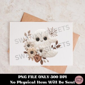 K&ouml;nnte beinhalten: Eine wei&szlig;e Karte mit einem freundlichen Geisterdesign, einem Spinnennetz und Blumen. Der Geist hat gro&szlig;e schwarze Augen und einen l&auml;chelnden Mund. Die Karte enth&auml;lt auch den Text "PNG FILE ONLY-300 DPI" und "No Physical Item Will Be Sent".