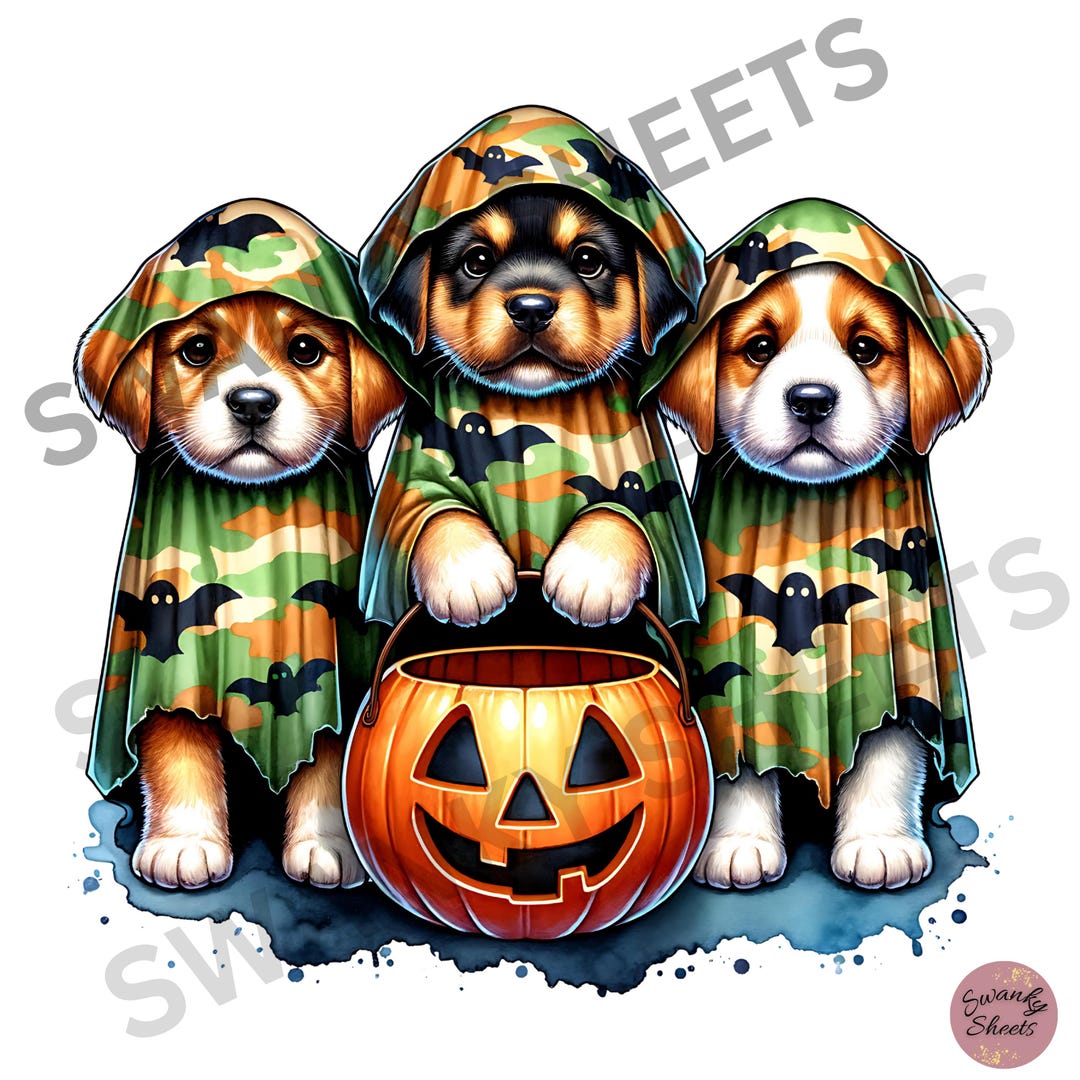 Cute Halloween Camo Ghost Puppies PNG, Whimsical Dog Halloween Clipart ...
