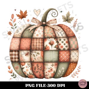 May include: A watercolor illustration of a patchwork pumpkin with a stem and bow. The pumpkin is composed of various fabric patterns in shades of orange, brown, and green. Decorative leaves and floral elements surround the pumpkin. The text "PNG FILE-300 DPI" is at the bottom.