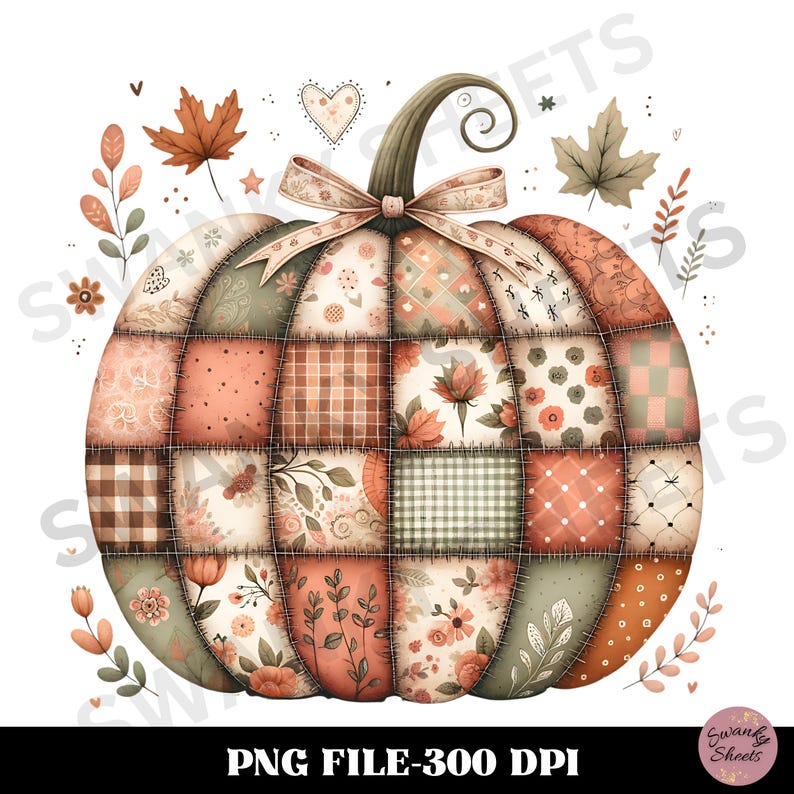 Whimsical boho patchwork pumpkin PNG made of floral, gingham, and paisley fabric panels in dusty rose, terracotta, sage, mustard, and cream. Stitched seams add a hand-sewn cottagecore feel. A vintage blush ribbon bow sits at the stem. Surrounded by doodle-style hearts, leaves, stars, and vines in soft ink. Feminine, cozy, and grandmillennial autumn vibe. Isolated on a white background.