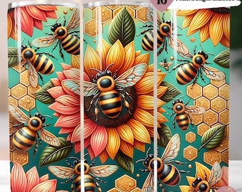 Bee Sunflower Tumbler Wrap: 20oz Skinny Sublimation Design (Digital Download)