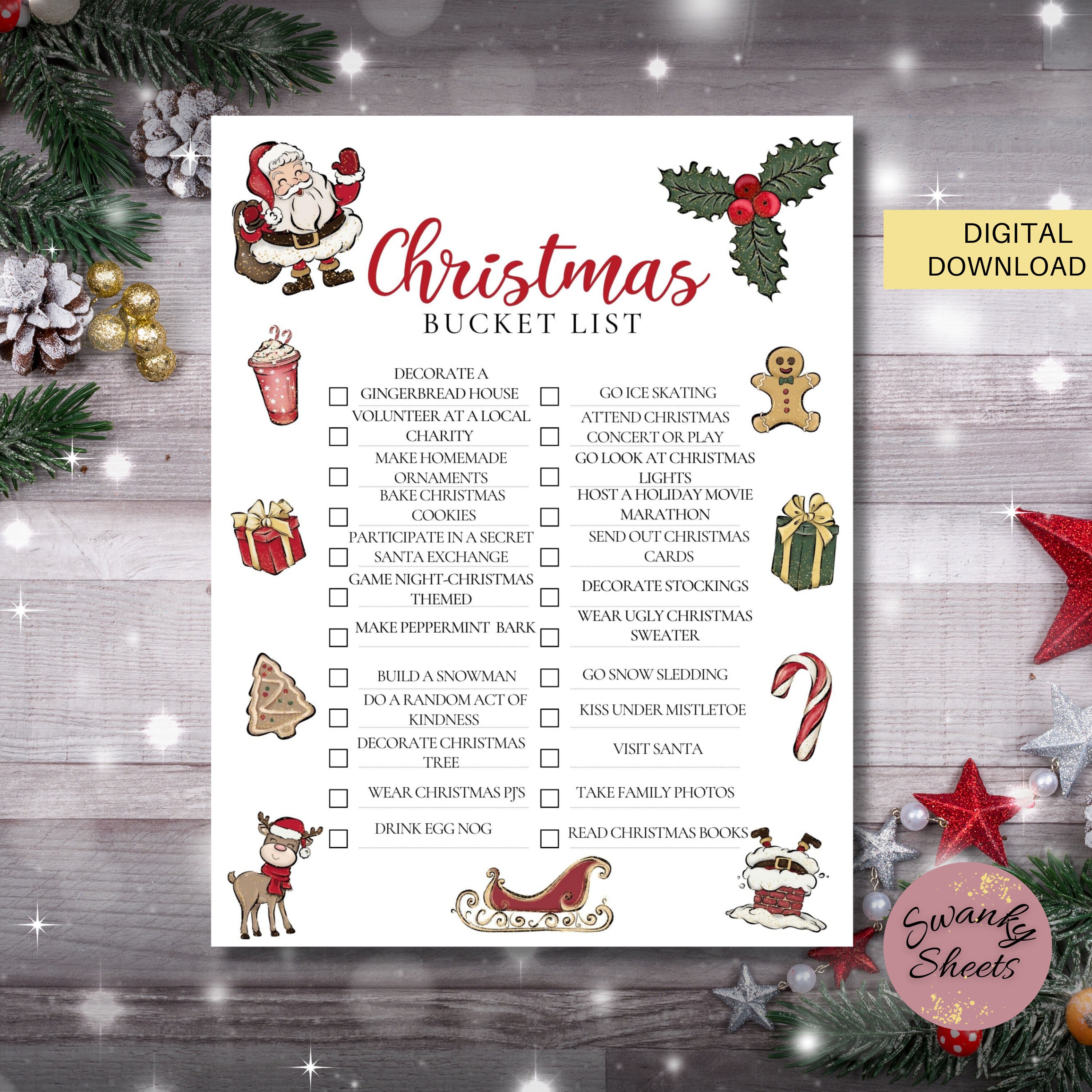 Festive Christmas Bucket List Printable, Holiday Family Bucket List ...