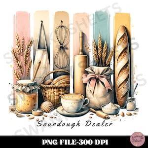 May include: A watercolour illustration of baking items, including a loaf of bread, a bag of flour tied with a pink bow, and a cup of coffee. The text "Sourdough Dealer" is visible. The background features vertical pastel stripes.